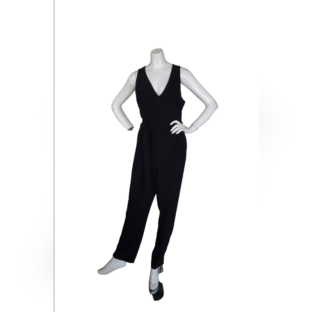 Ann Taylor Black Deep V-Neck Sleeveless Jumpsuit with Waist Tie